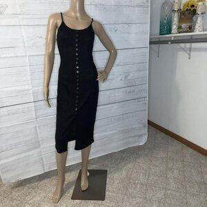 Black Buttoned Ribbed Knit Sleeveless Midi Dress with Slit